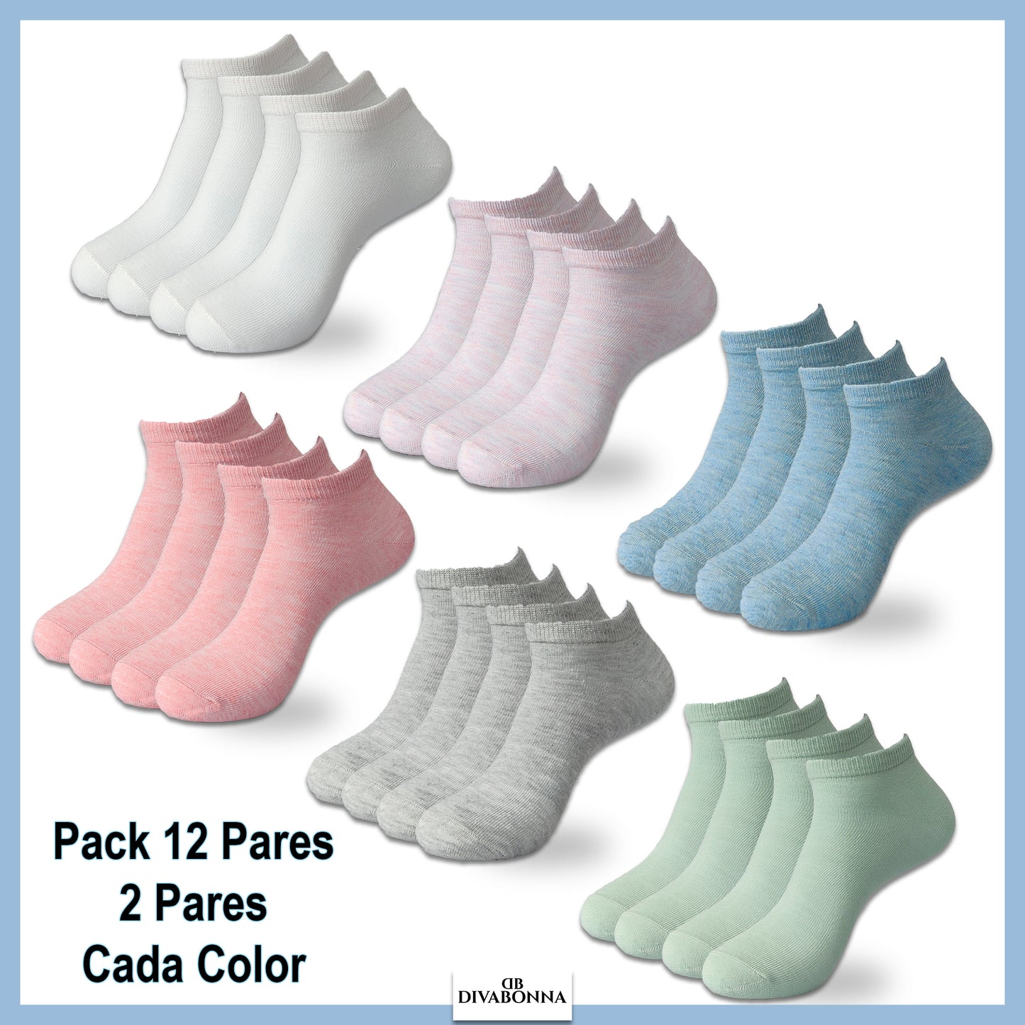 DIVABONNA 12 Pares Calcetines Tobilleros Mujer – Calcetines Cortos Mujer (Modelo: Pastel)